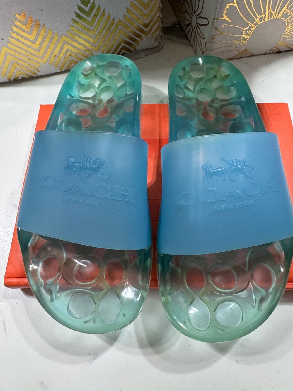 Coach Aqua Blue Translucent Jelly Slide Sandals